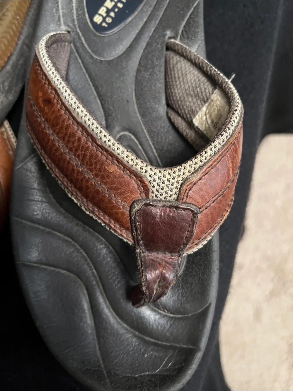 Sperry Men’s Brown Leather and Black Footbed Flip Flops